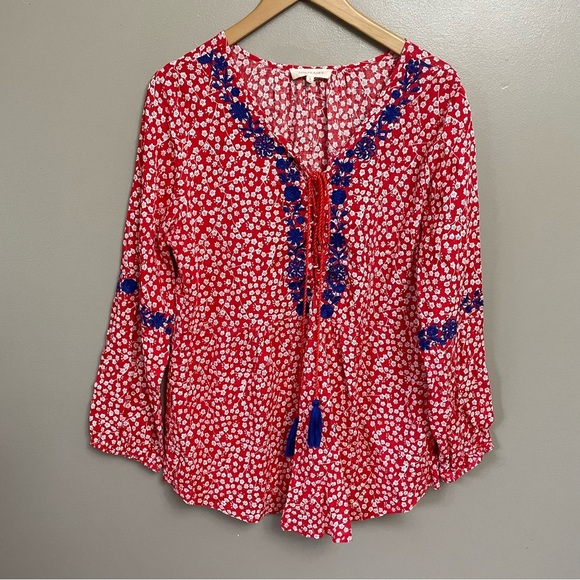 Solitaire women’s size Medium floral long sleeves tassel top red blue - Picture 1 of 11